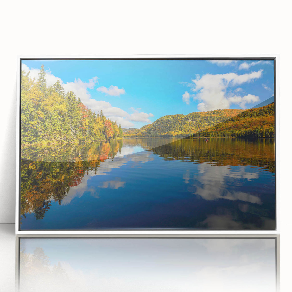 Art deco poster of Quebec scenery in muted gray and blue tones, framed acrylic, ideal for modern nursery wall art.