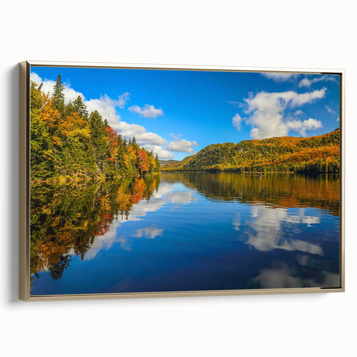 Framed canvas landscape painting of Quebec scenery in muted earth tones, ideal for bedroom wall art.