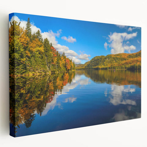 Scenic Quebec landscape on large stretched canvas, featuring vibrant green and blue tones, suitable for kitchen wall art.