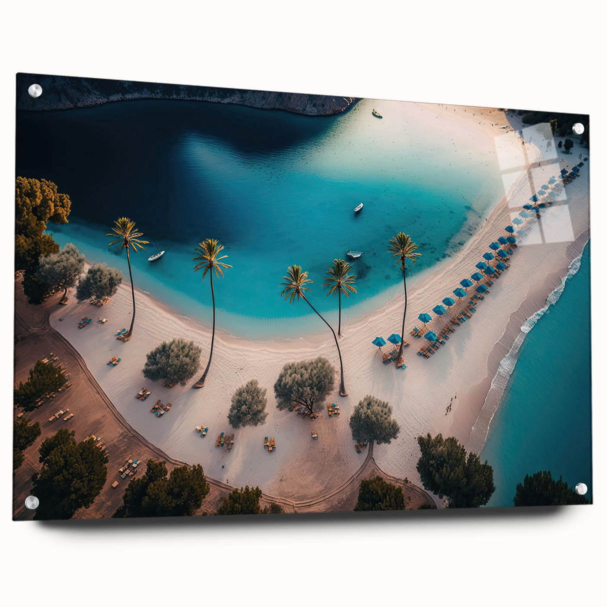 Large abstract wall art of Caribbean scenery on acrylic glass, in vibrant blue and green tones, ideal for dining room decor.