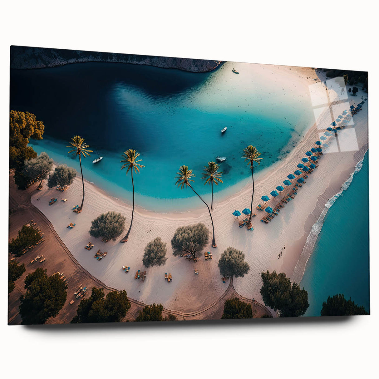 Large abstract acrylic print of a Caribbean scenery in blue and green tones, ideal for bedroom or dining room decor.