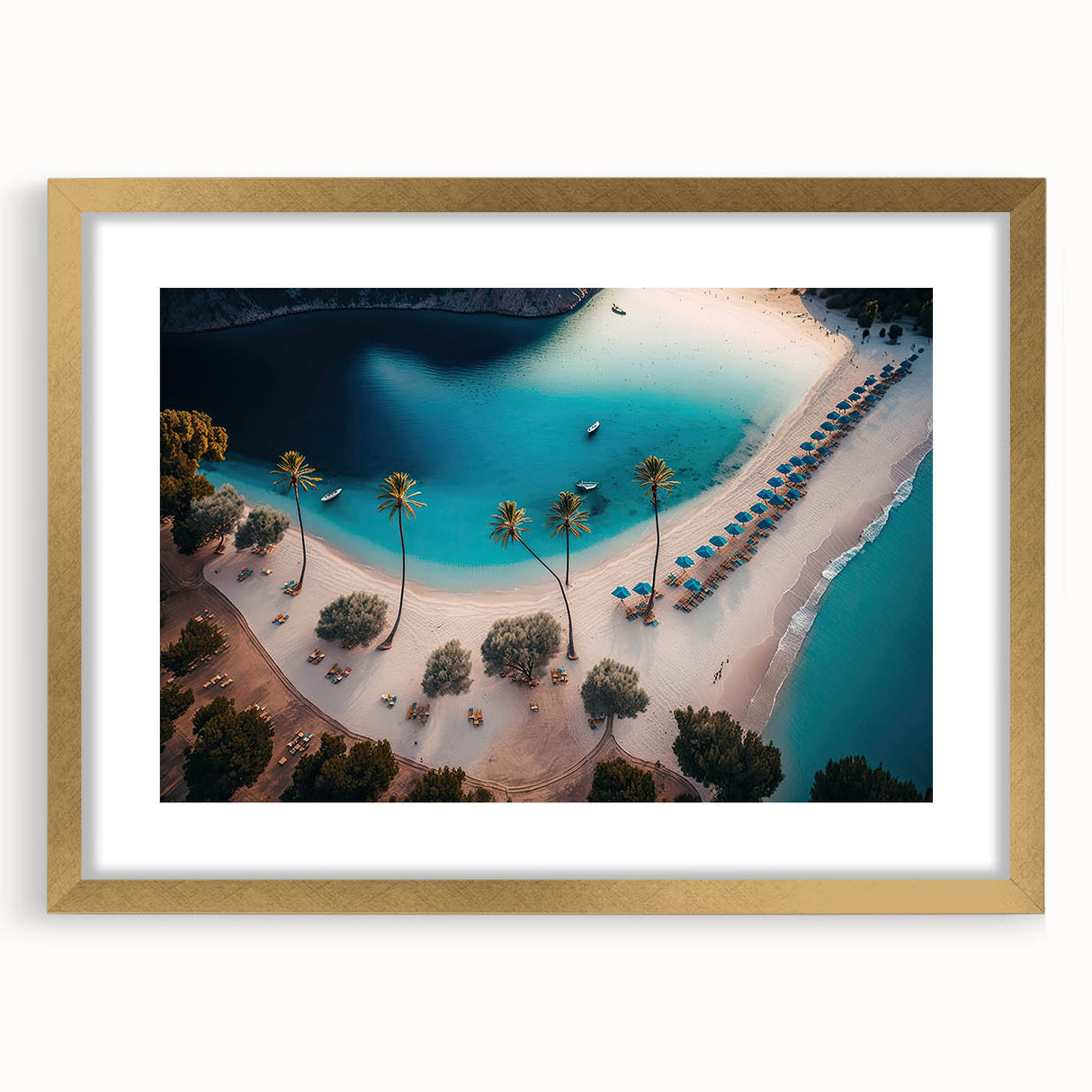 Abstract art print of Caribbean scenery in muted blue and green tones, framed with a gold mat, ideal for dining room decor.