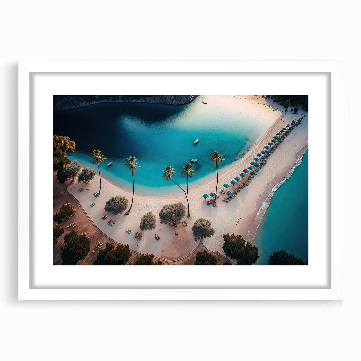 Textured abstract art print depicting Caribbean scenery in muted blue and green tones, framed with a white mat.