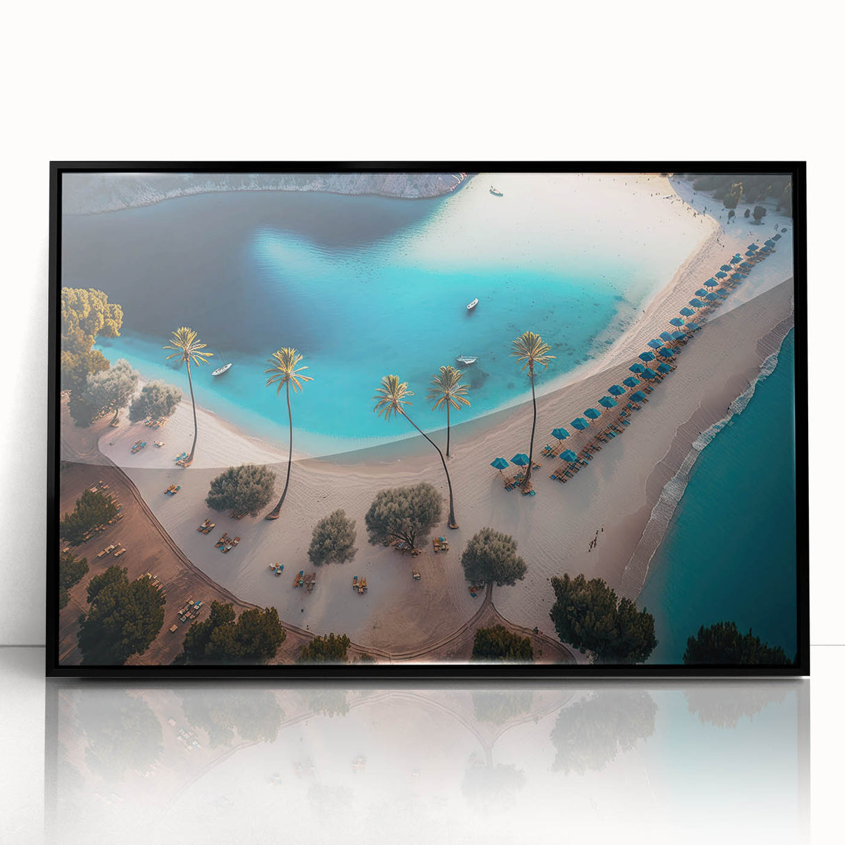 Large abstract wall art depicting a Caribbean scenery in muted blue and green tones on a framed acrylic.