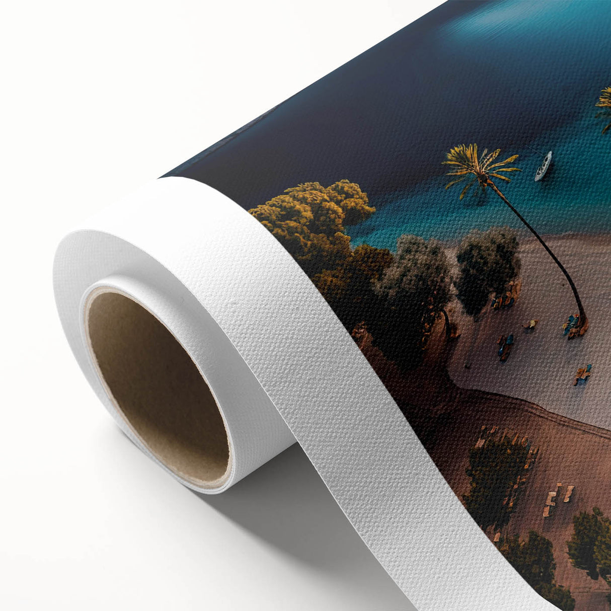 Art Deco style poster of Caribbean scenery on rolled canvas, suitable as nursery wall art or for dining room ambiance.