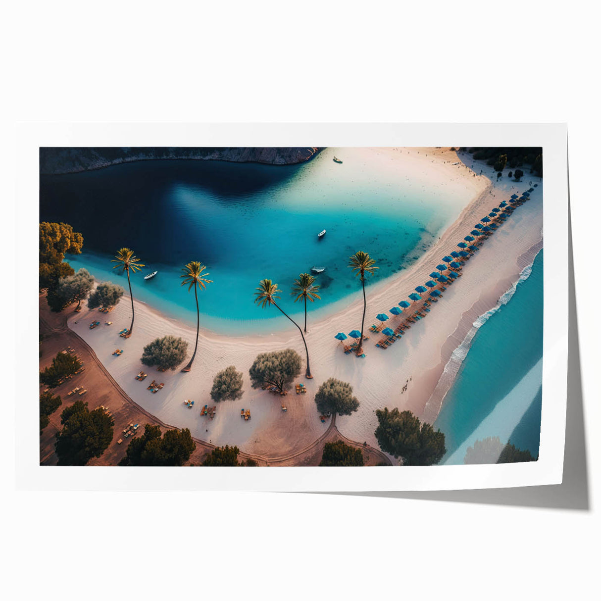 Extra large rolled print featuring a Caribbean scenery with vibrant ocean blues and lush green foliage.