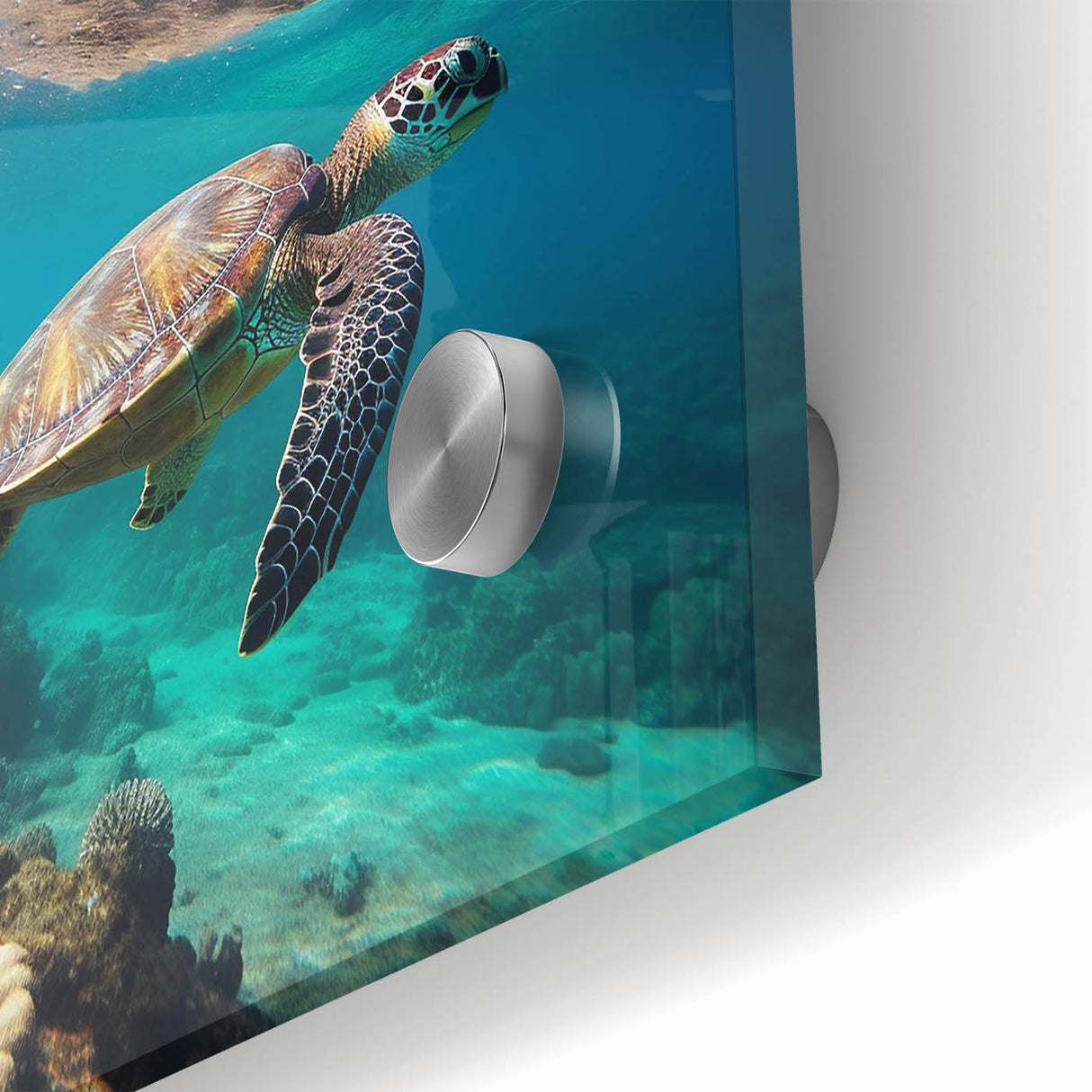 Large abstract acrylic print of Caribbean Aruba scenery in vibrant blue and green tones, ideal for dining room art.