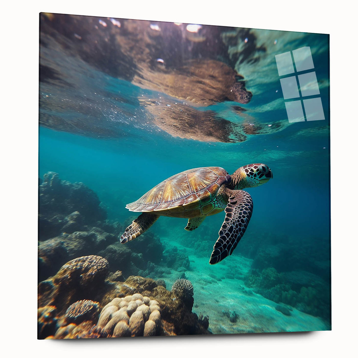 Large abstract wall art of Caribbean scenery in vibrant blue and green hues on acrylic glass.