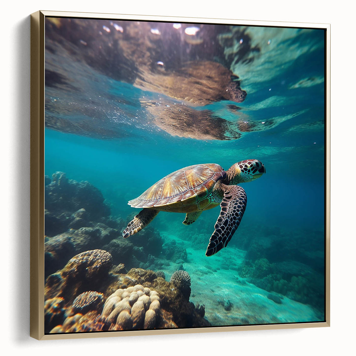 Vintage poster art of a Caribbean Aruba scenery on a framed canvas, featuring silver and gold tones.