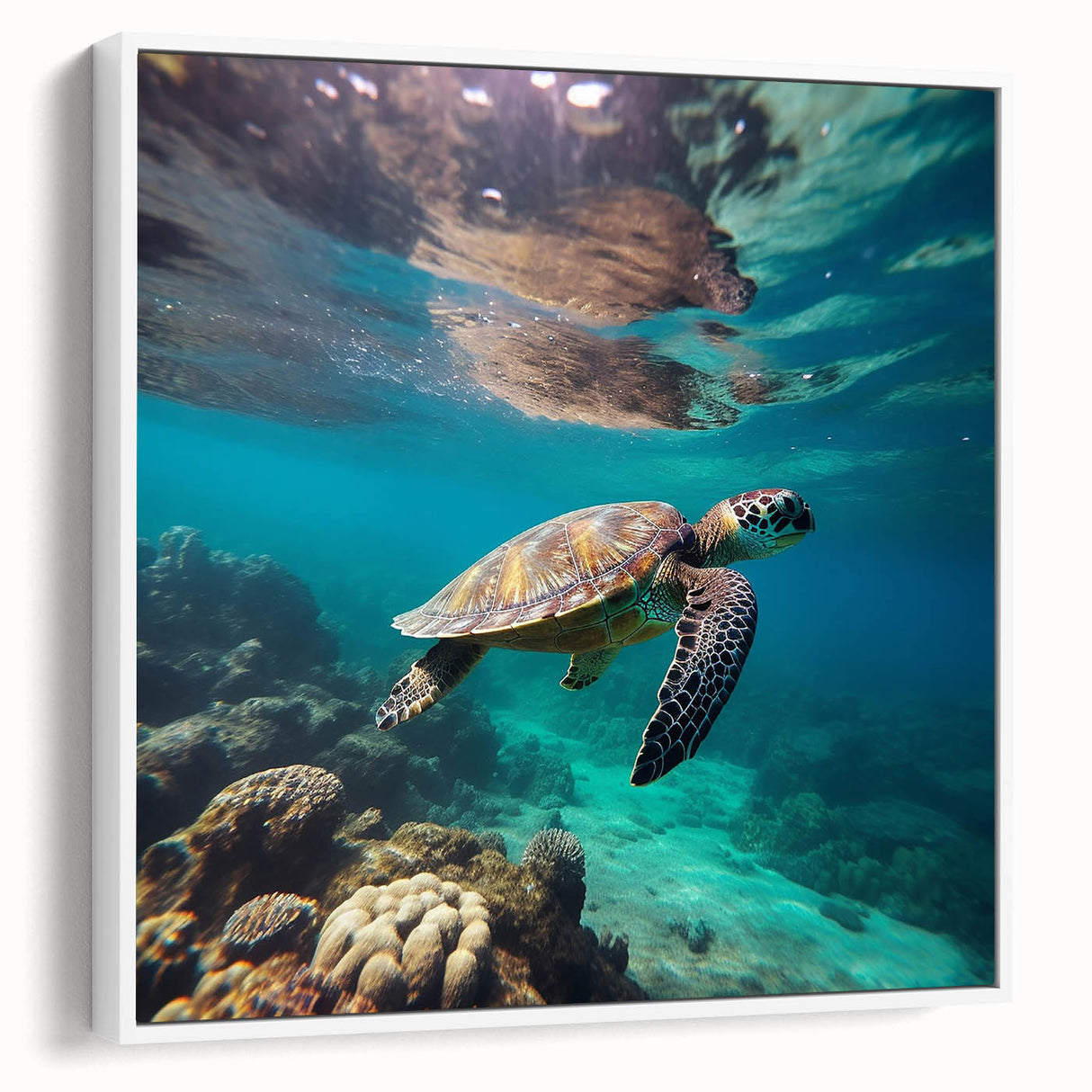 Framed canvas depicting a vintage-style Caribbean landscape with vibrant blue and green hues.