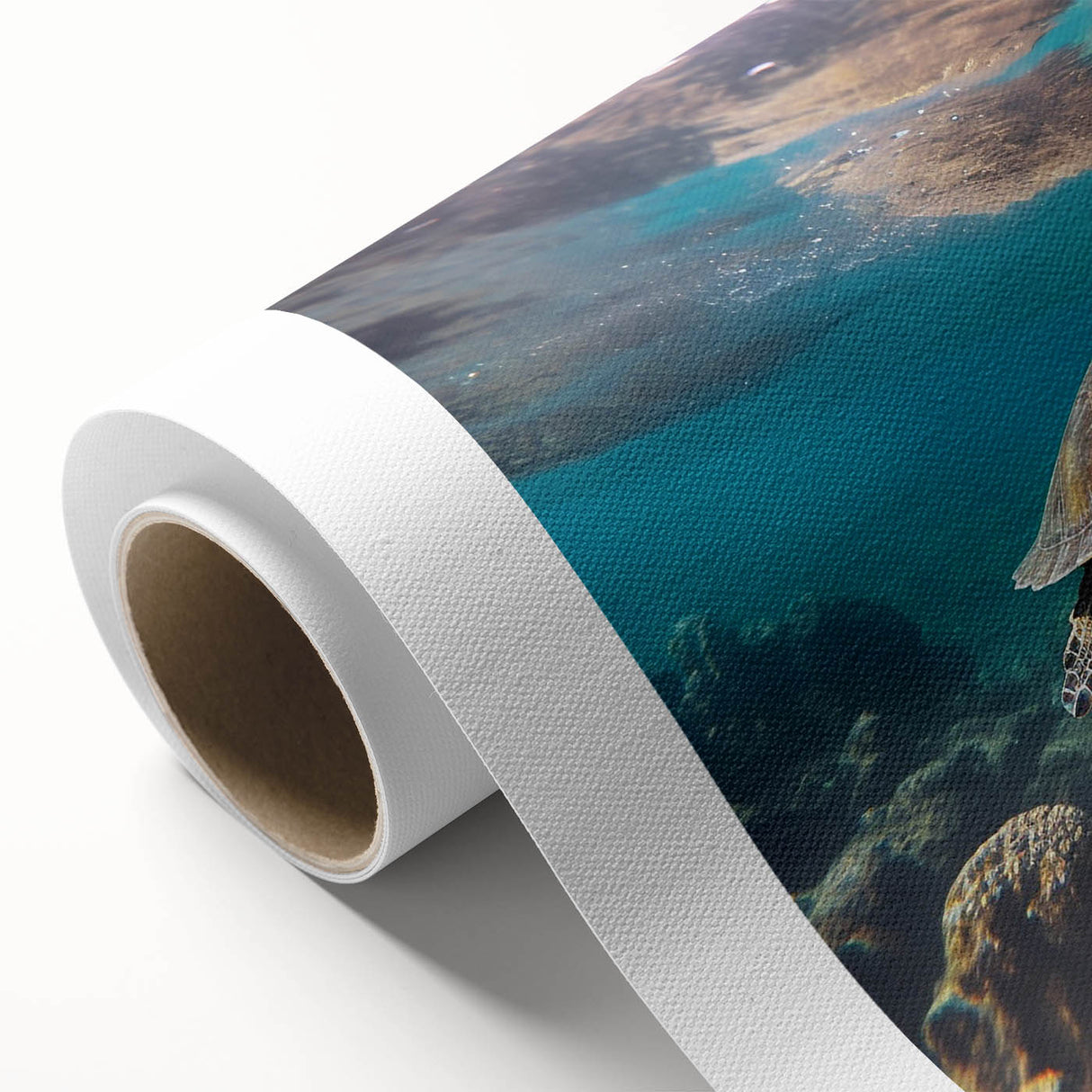 Art deco poster of a Caribbean Aruba scenery in muted blue tones on rolled canvas, ideal for nursery wall art.