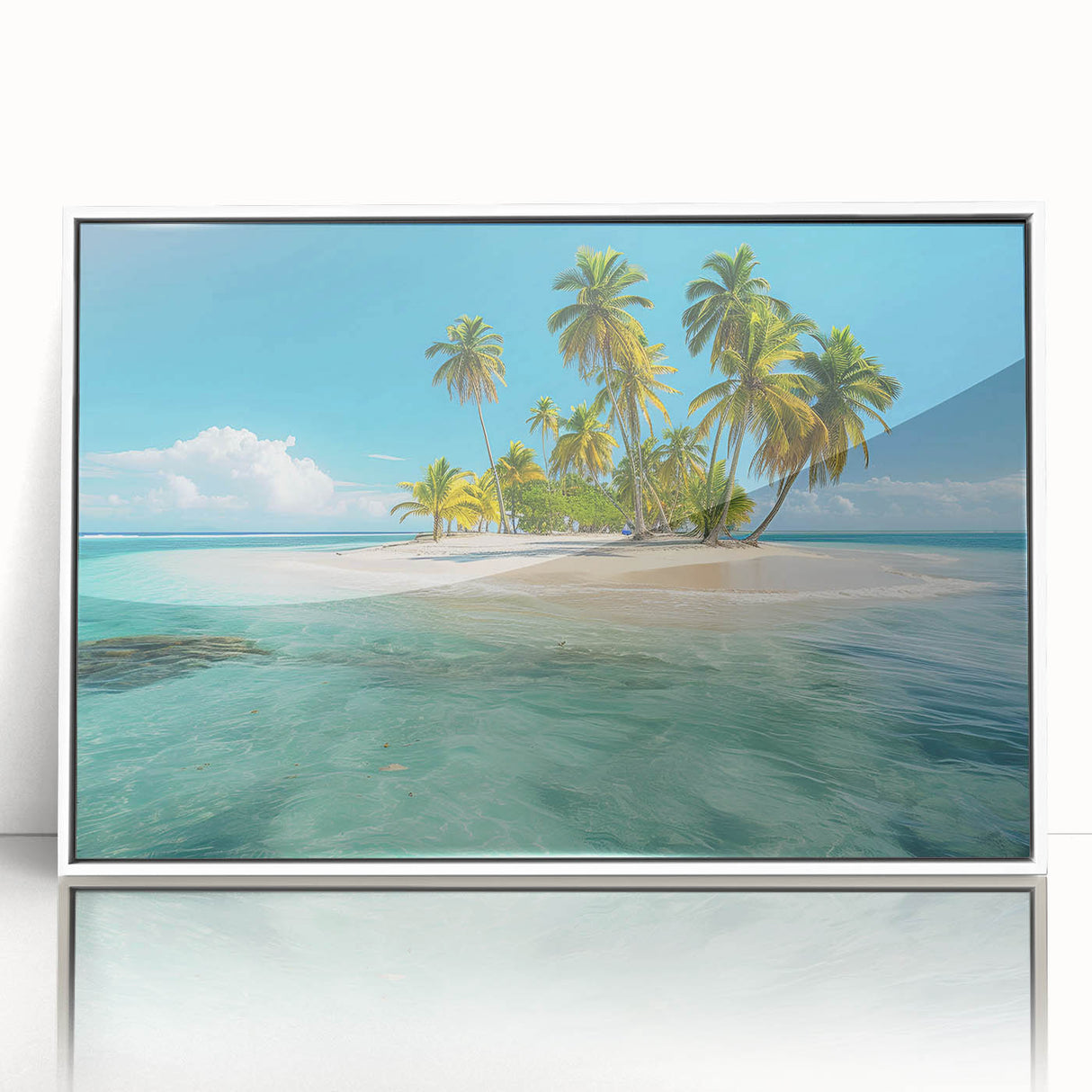 Mid-century modernist art depicting a serene Caribbean scenery in muted blue and green tones on a framed acrylic.