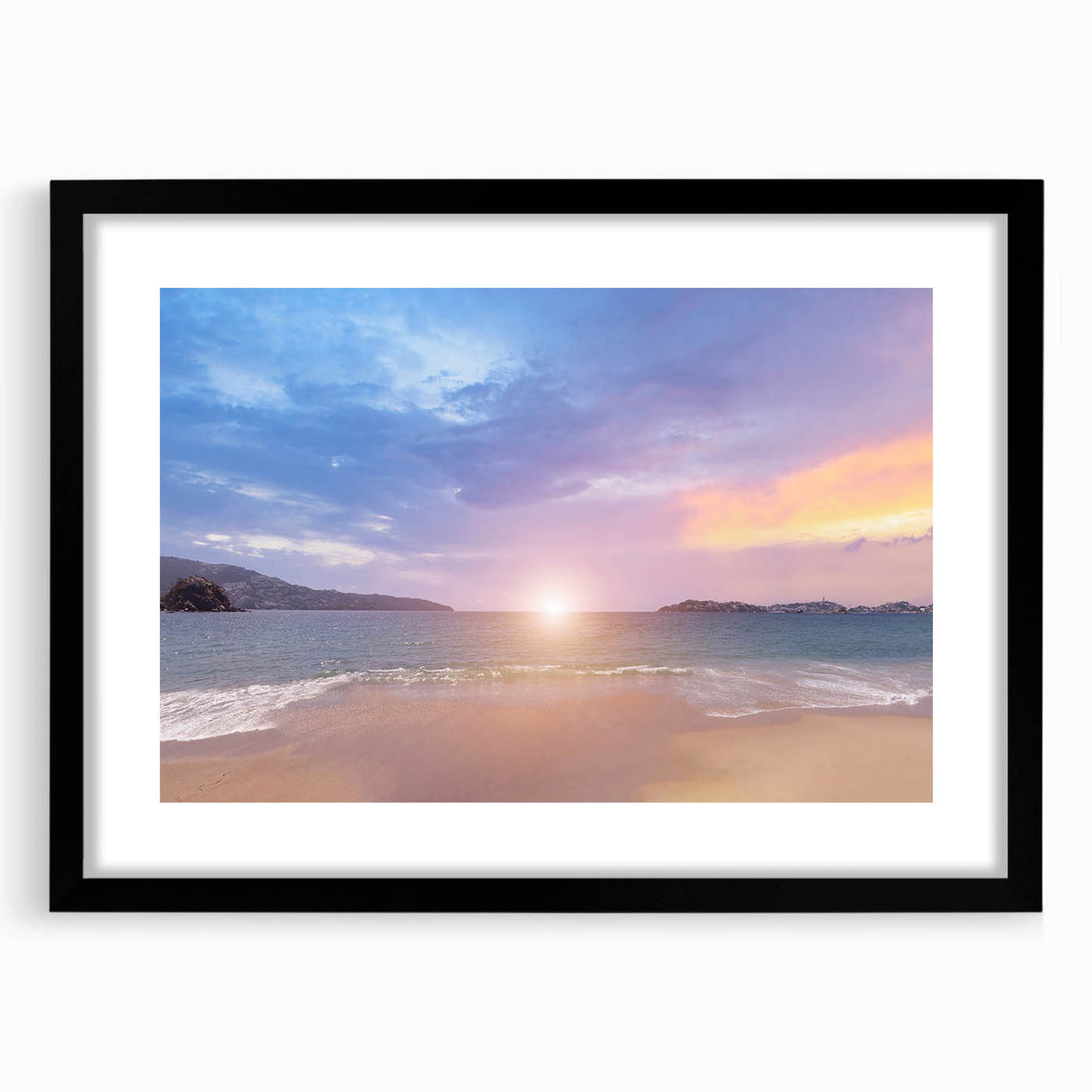 Colorful abstract art print of Acapulco scenery on textured canvas, framed in black.