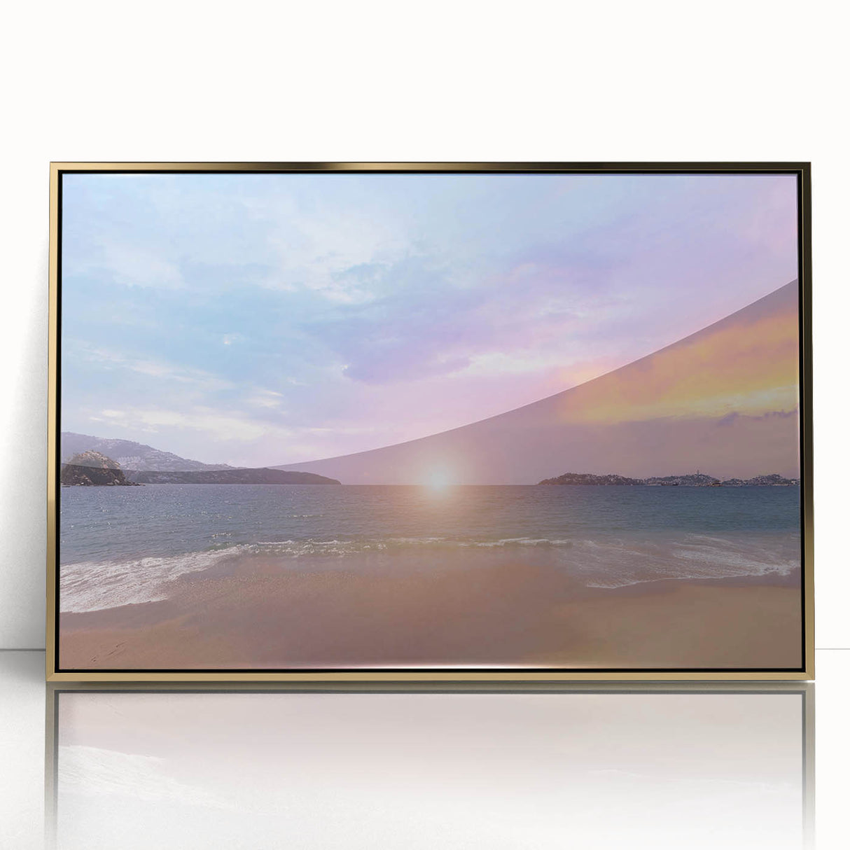 Framed acrylic print of Acapulco scenery in mid-century modernist style with gold tones, suitable for modern art wall decor.