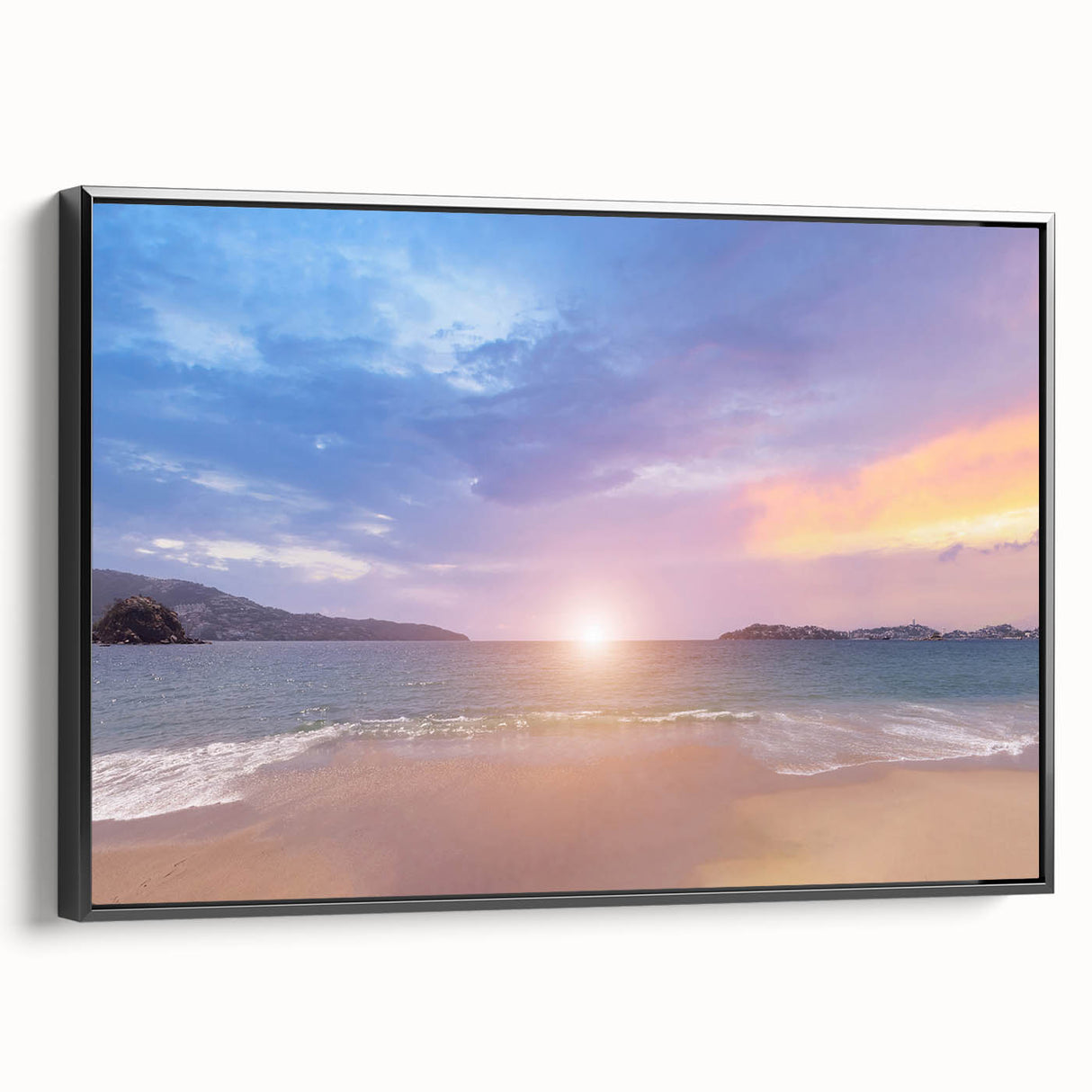 Black and white vintage poster art of Acapulco landscape on framed canvas, ideal for bedroom wall decor.