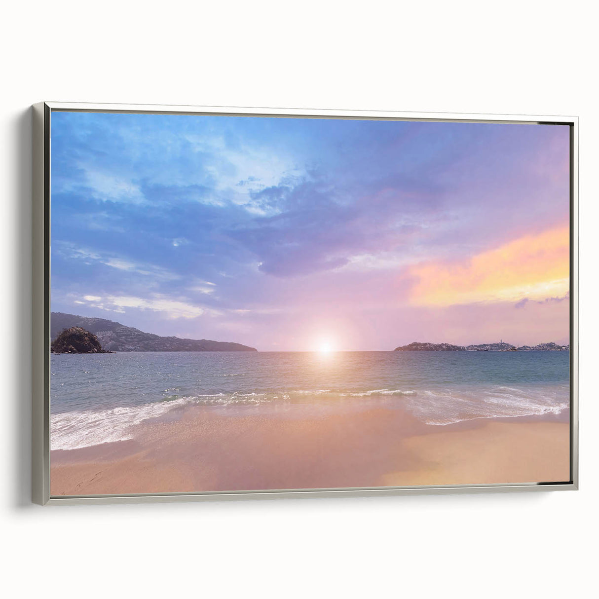 Framed canvas of a vintage Acapulco landscape painting with vibrant colors on a black background.