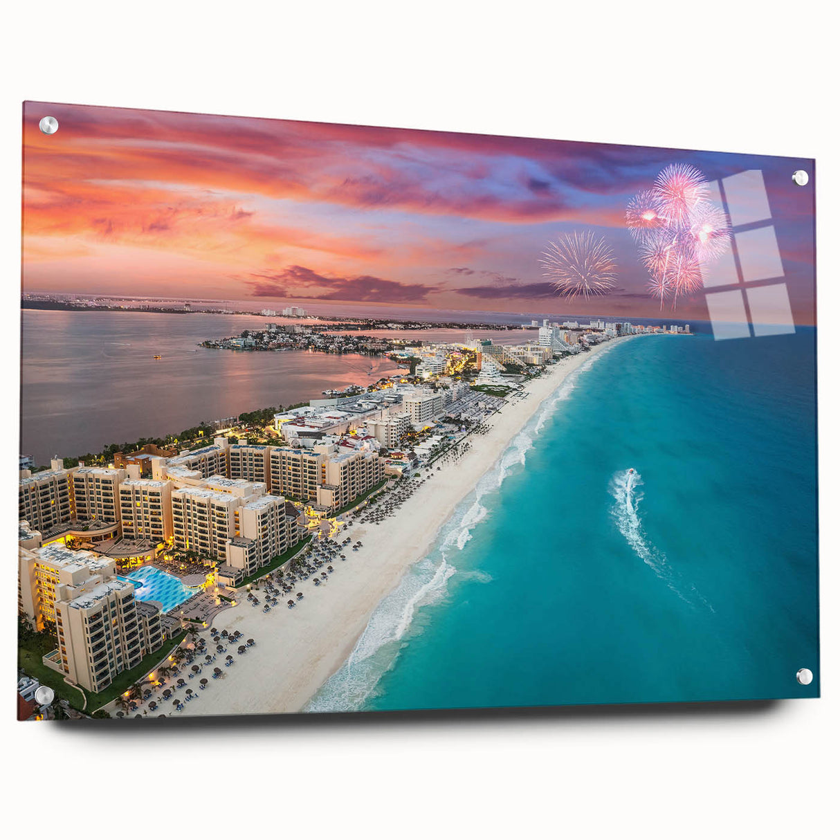 Acrylic print of Cancun scenery with vibrant ocean blues and sandy whites, ideal for dining room decor.