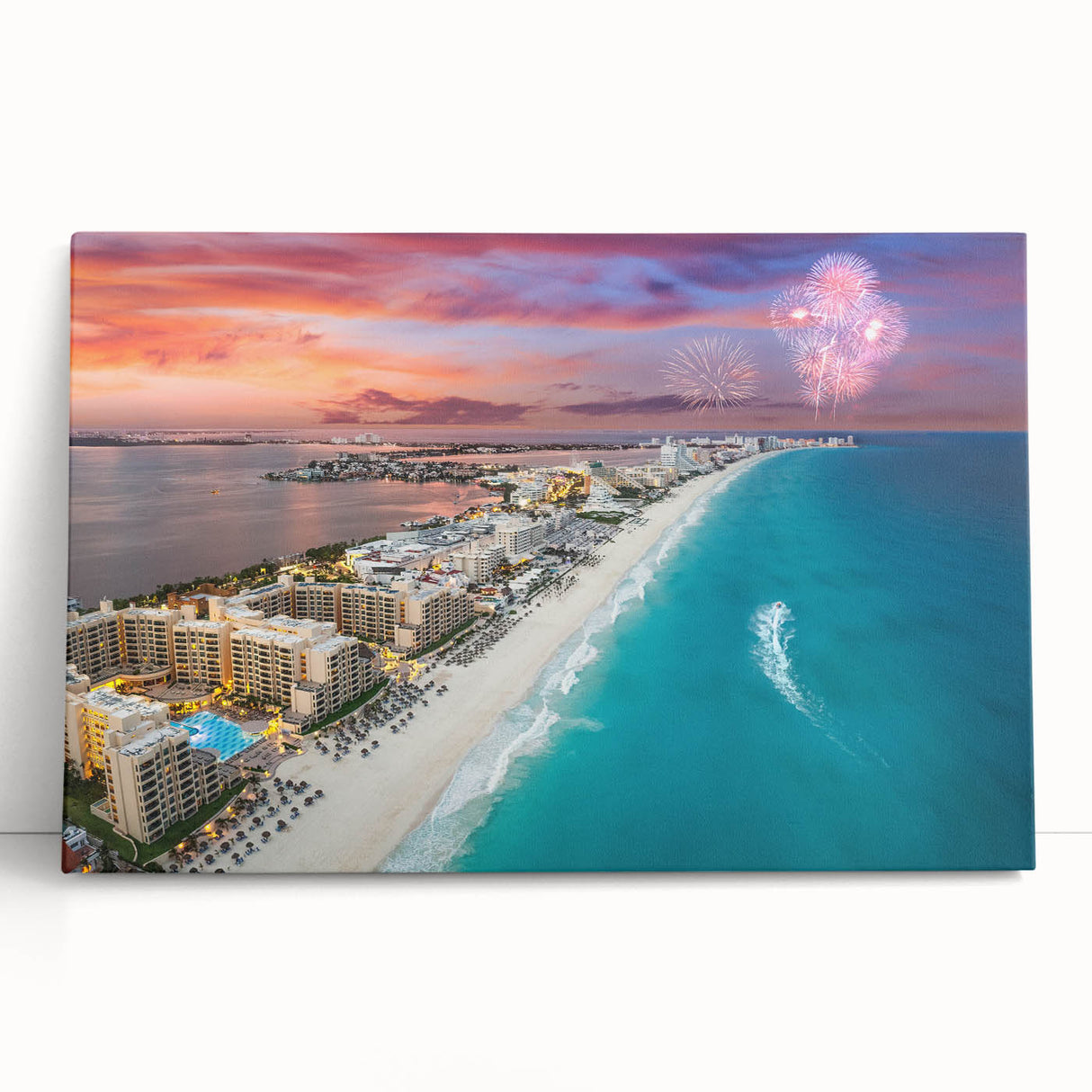 Black and white photograph of Cancun scenery on large stretched canvas, ideal for kitchen wall art.