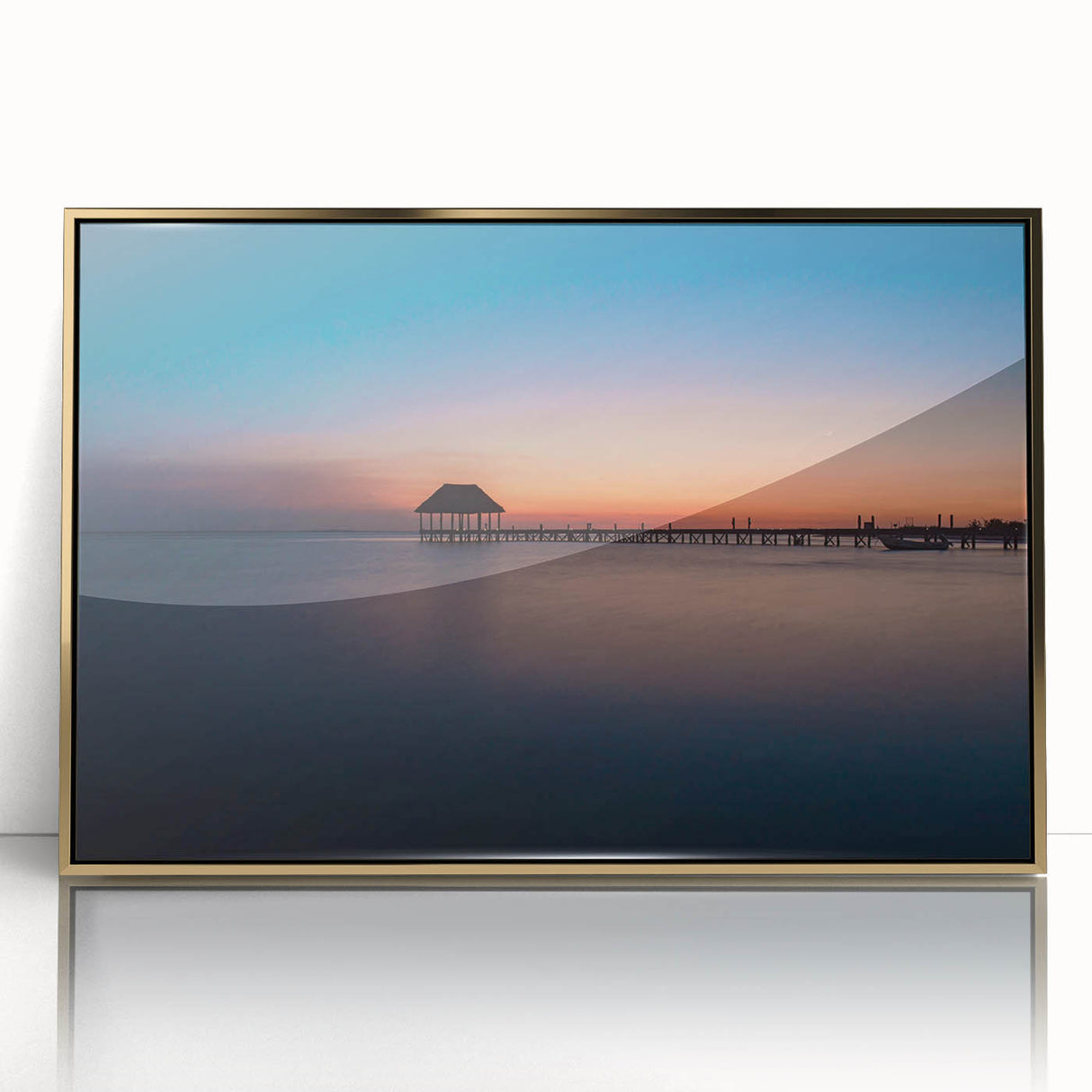 Mid-century modernist art of Oaxaca scenery in gold frame, acrylic, ideal for modern art wall decor.