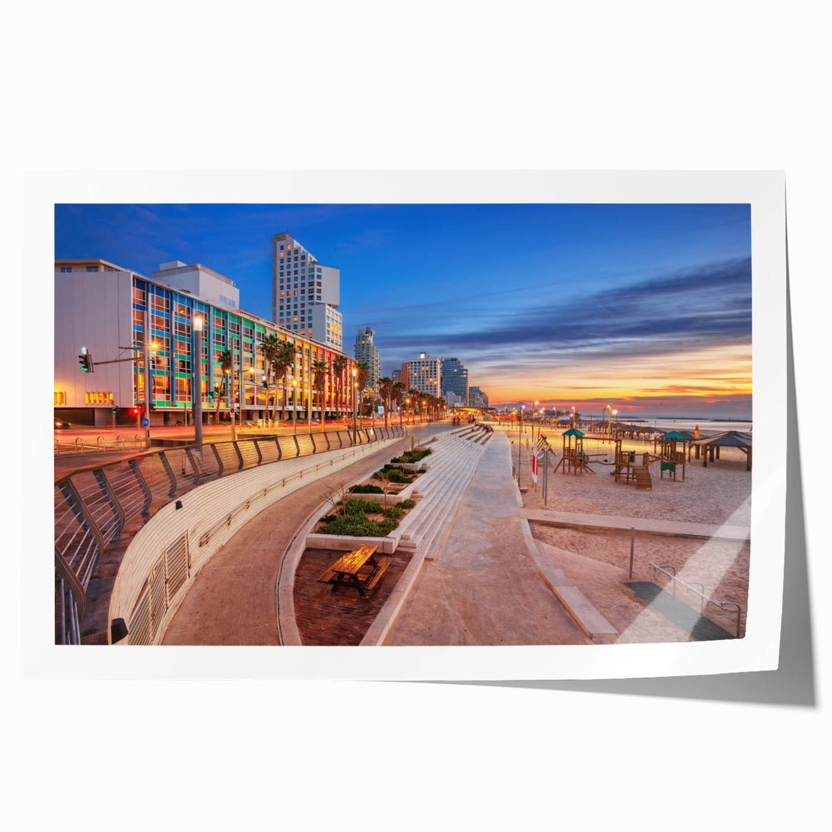 Extra large rolled print of Tel Aviv skyline in muted earth tones, ideal for dining room wall art.