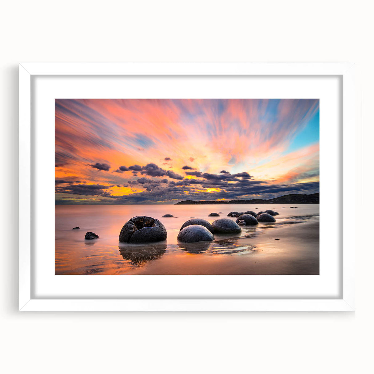 Abstract art print of Otago, New Zealand in muted blue and green tones on a white-framed canvas.