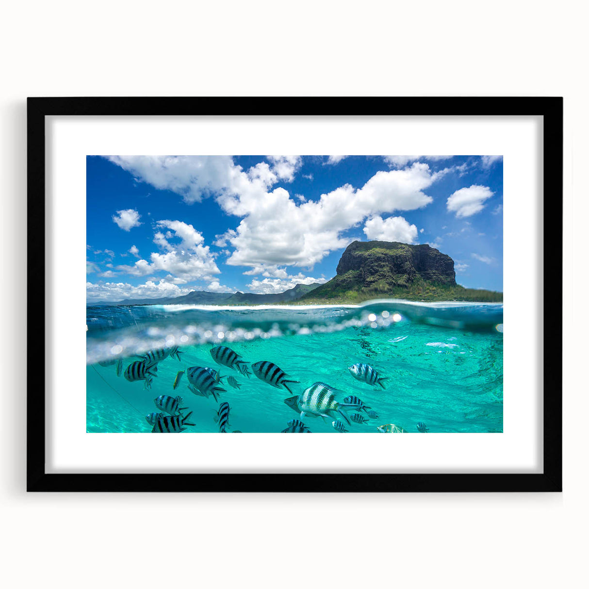 Extra large abstract art print of colorful, textured scenery of Mauritius, framed in black, ideal for living room decor.