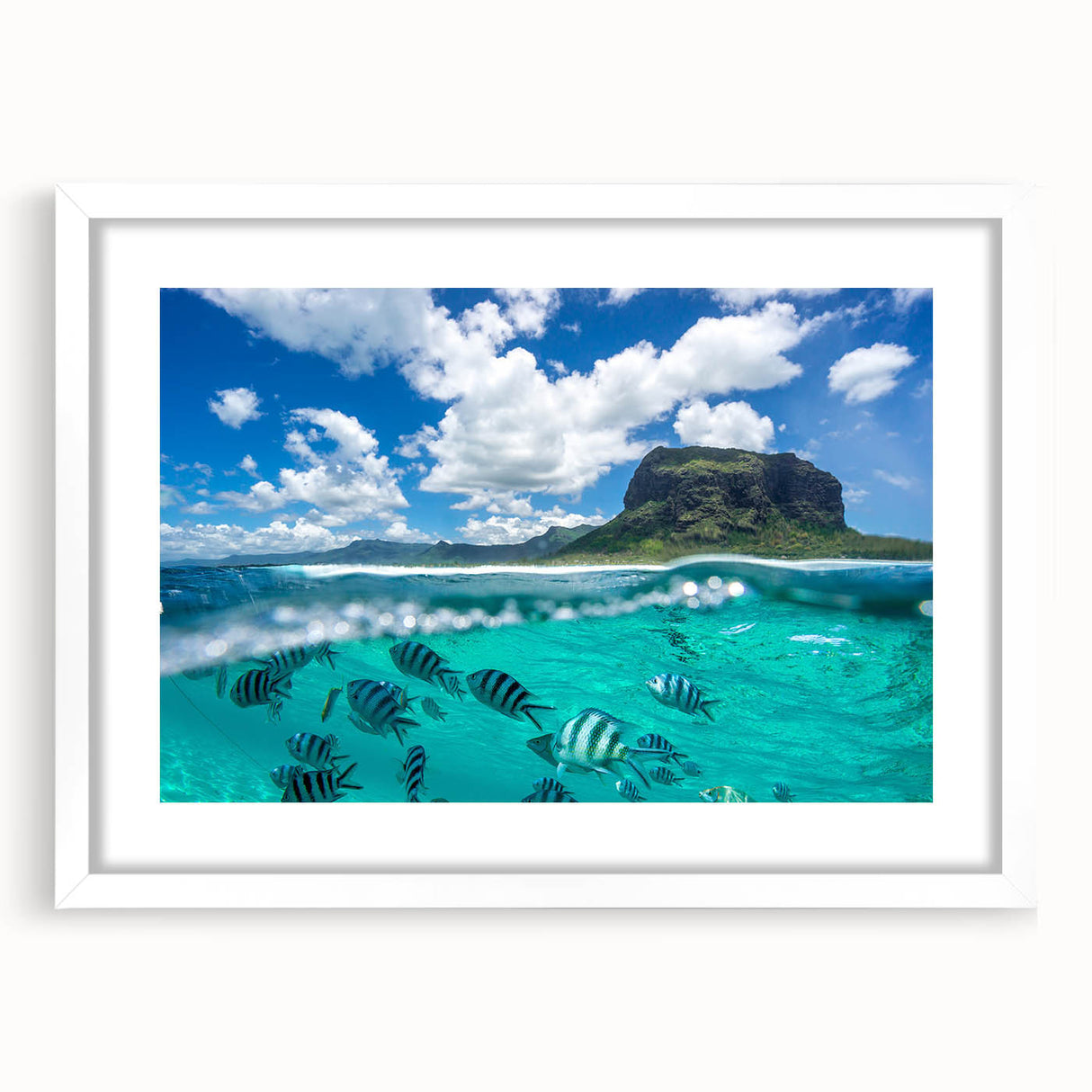 Extra large abstract art print depicting textured Mauritian scenery in earth tones, framed with a white mat.