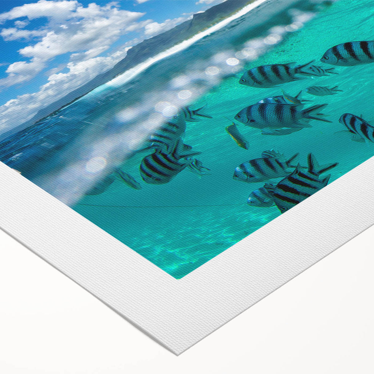 Art deco poster featuring a serene Mauritius landscape in soft blue and green tones on rolled canvas.