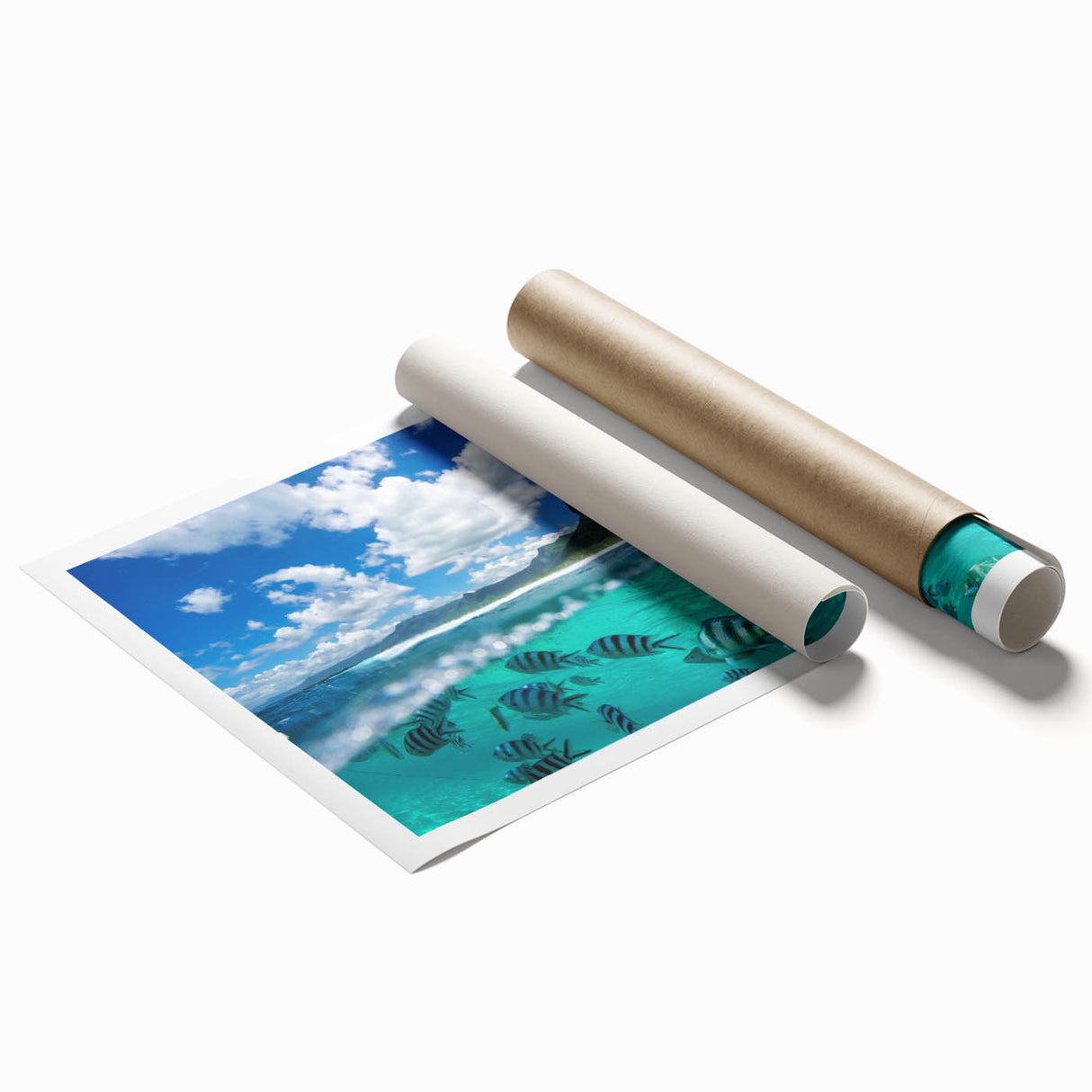 Extra large rolled print of a Mauritian landscape with vibrant greens and blues.