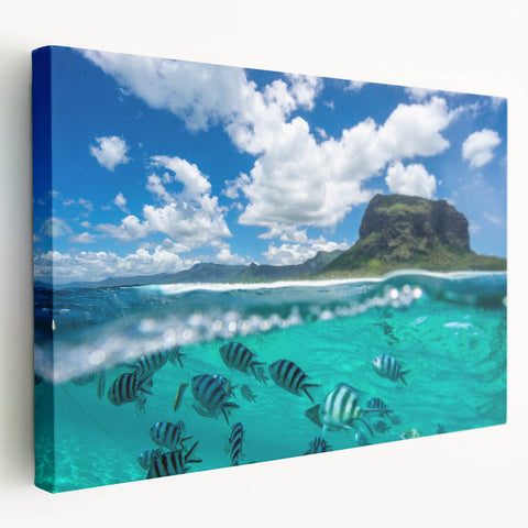 Large stretched canvas depicting a vibrant Mauritius landscape, ideal for kitchen wall art.
