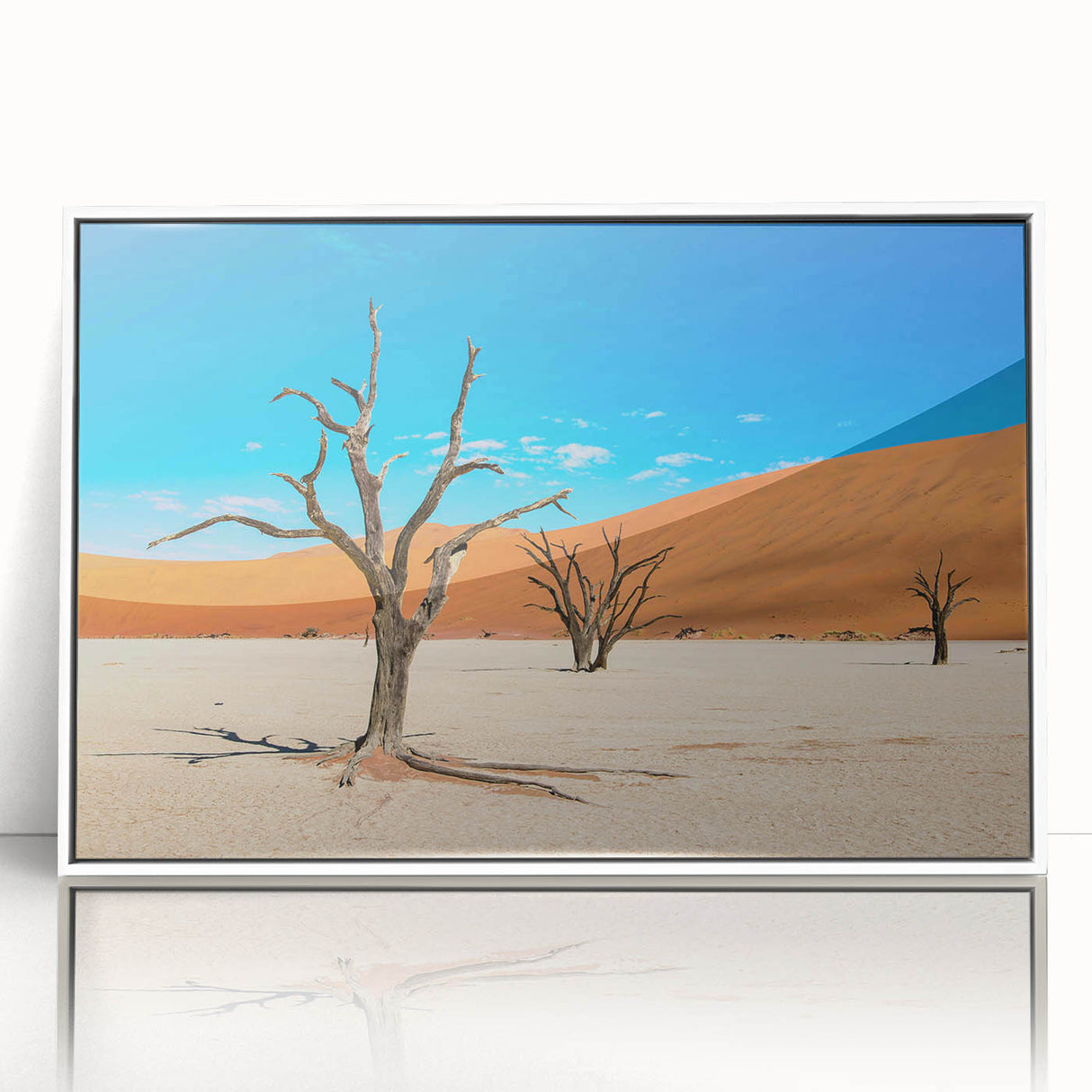Framed acrylic print of a Namibian landscape in earth tones, ideal for modern art wall decor.