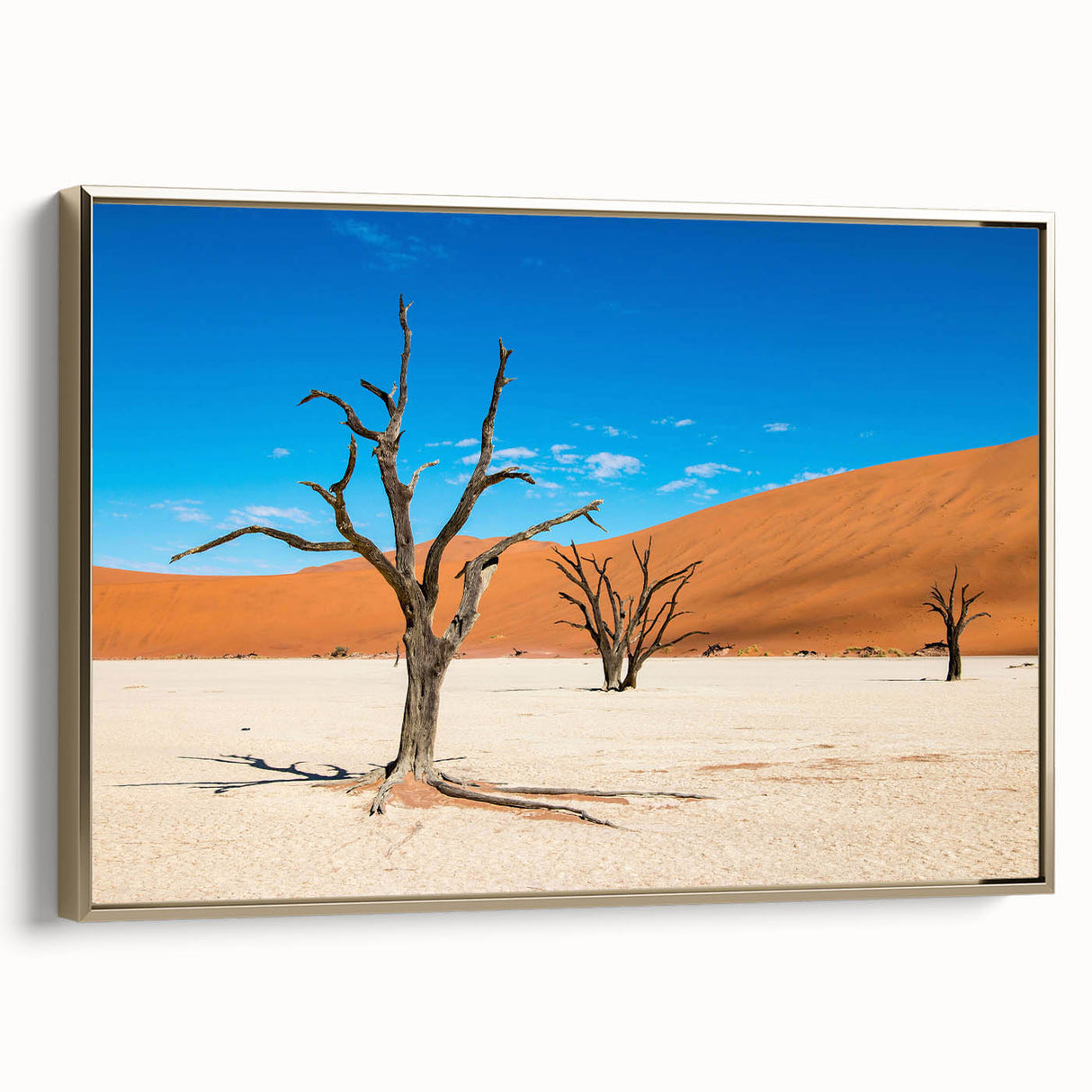 Framed canvas landscape art painting of a Namibian scenery in gold, black, and colorful tones, ideal for living room decor.