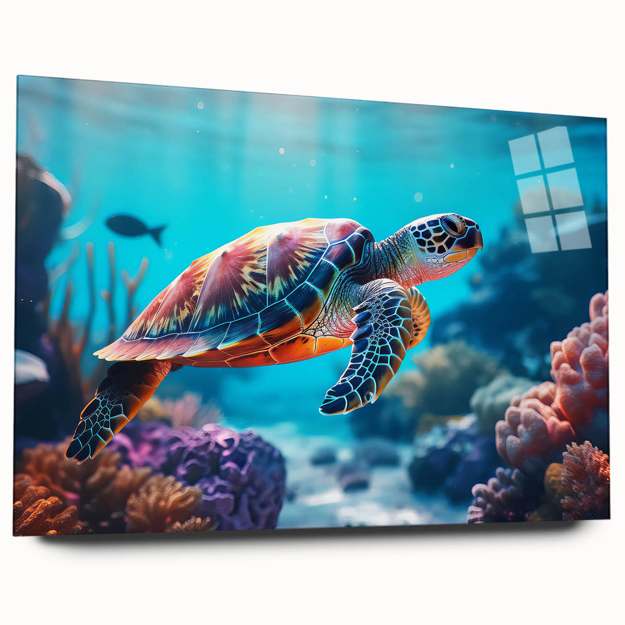 Large abstract wall art of Seychelles scenery on acrylic glass, featuring vibrant ocean blues and lush greens.