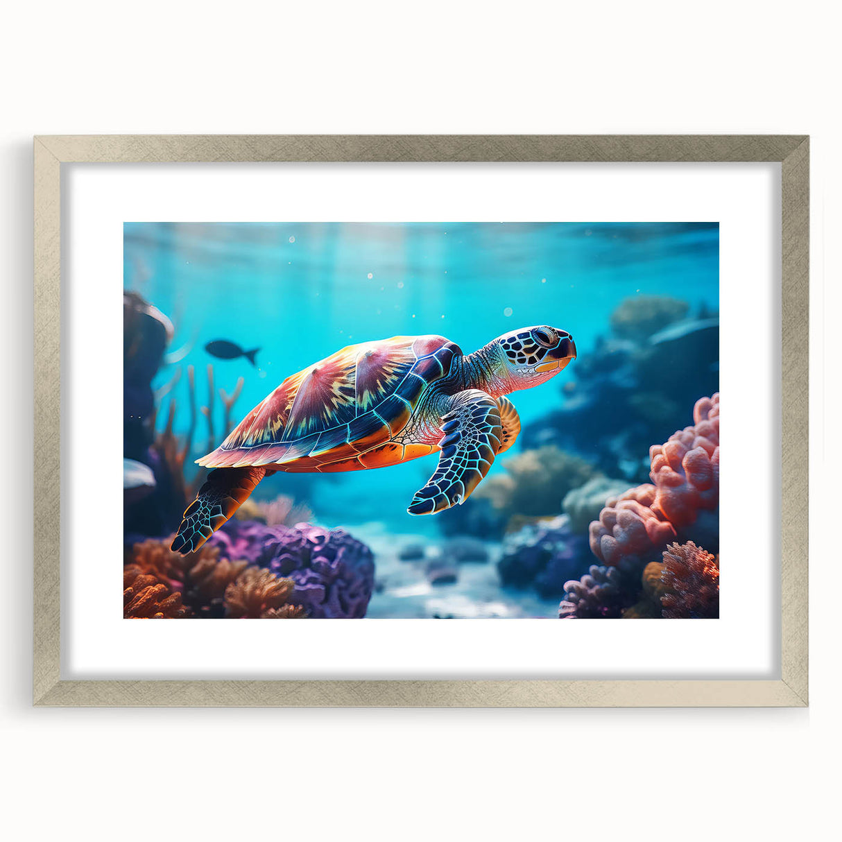 Textured art depicting an abstract Seychelles scenery in muted earth tones, framed in silver, ideal for bedroom art.