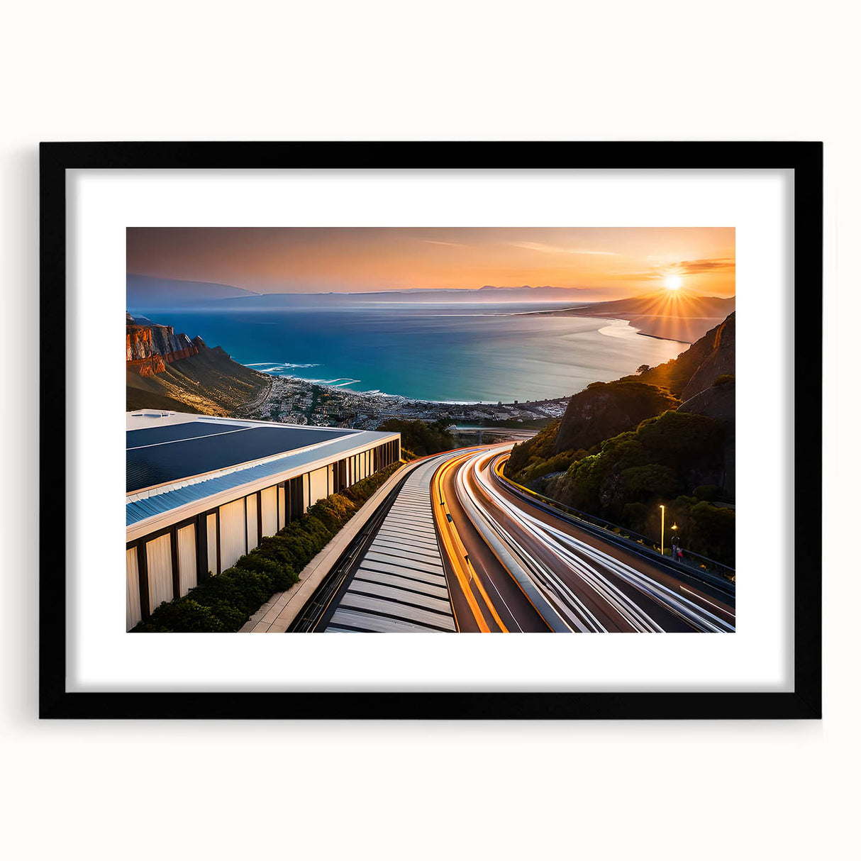 Extra large abstract art print depicting a colorful African landscape on textured canvas, framed in black.