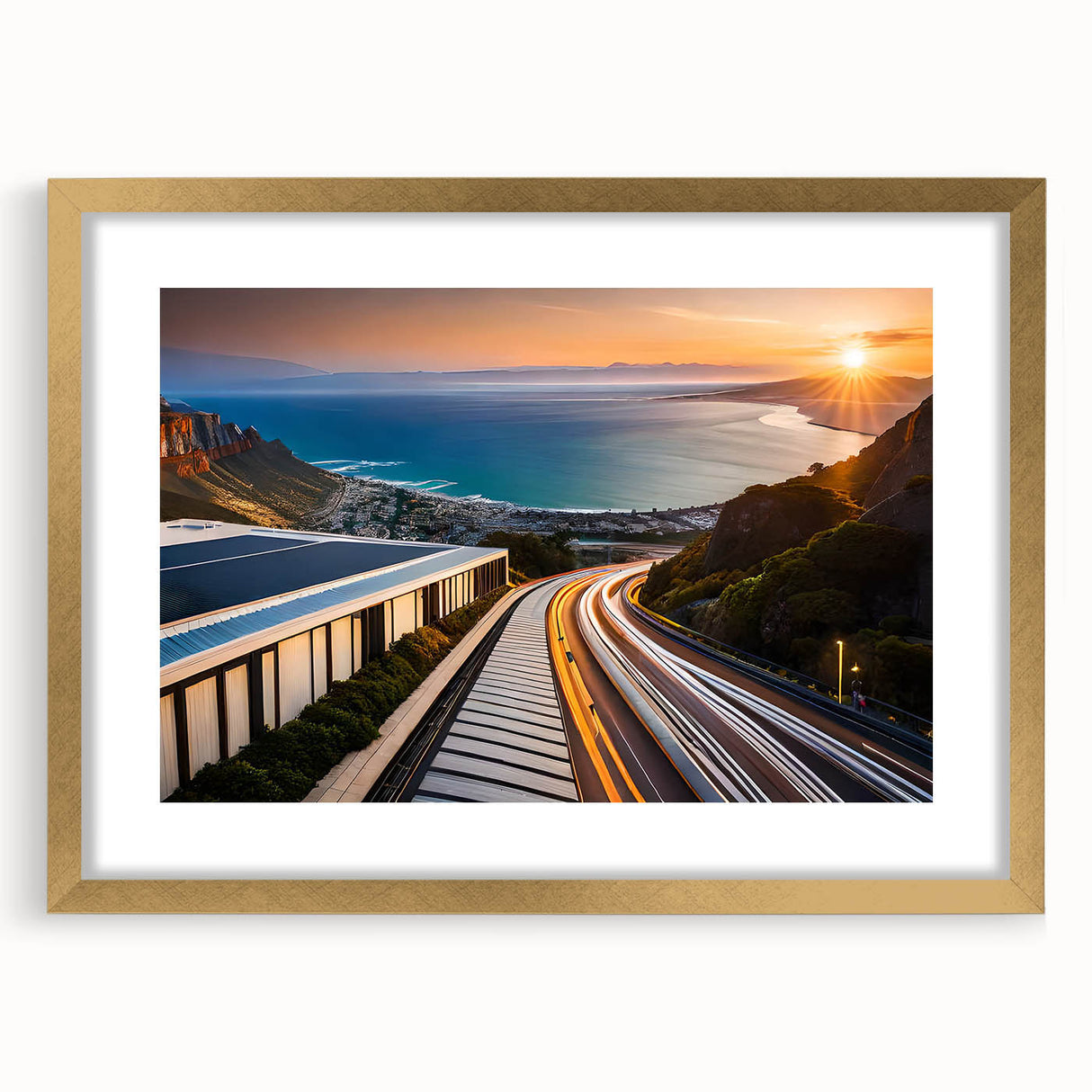 Extra large abstract art print depicting a textured African scenery in muted earth tones, framed in gold.