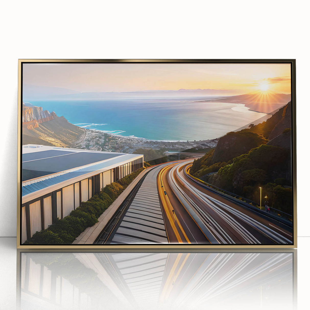 Framed acrylic print of a South African landscape in gold and green tones, ideal for modern art wall decor.