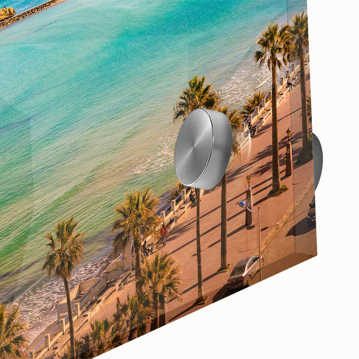 Large abstract wall art depicting a Tunisian landscape in mid-century modernist style on acrylic glass.