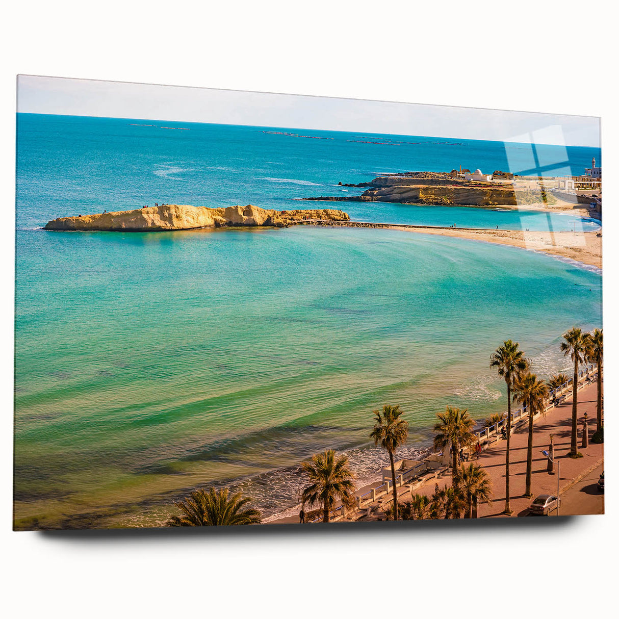 Large abstract wall art depicting a Tunisian scenery in muted earth tones on acrylic glass.