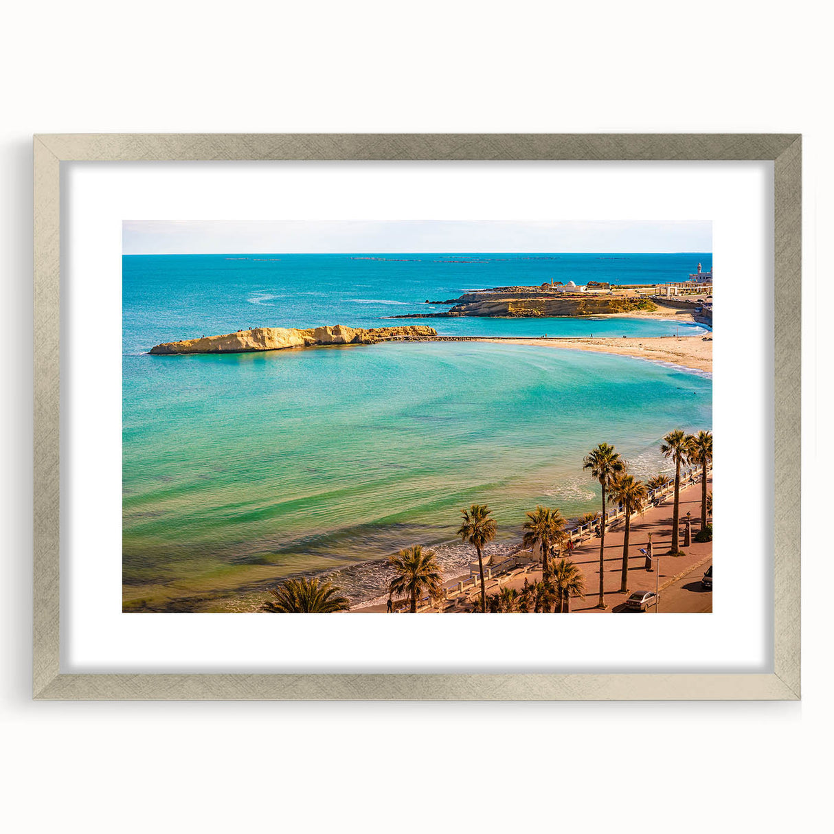 Extra large abstract art print of a textured Tunisian landscape in muted earth tones, framed in silver.