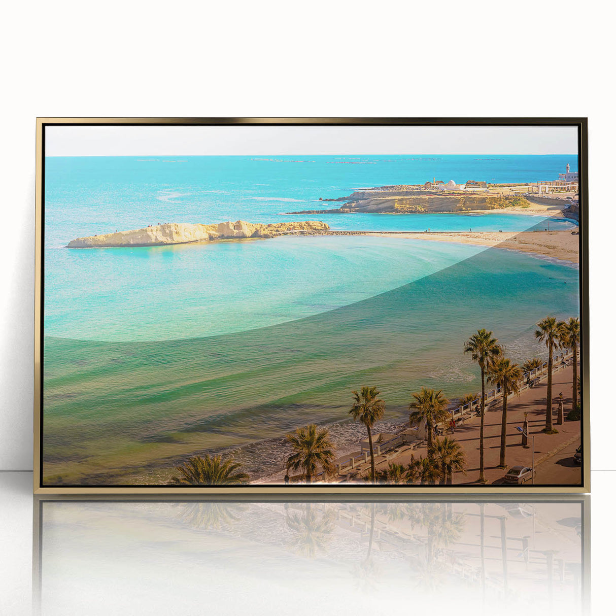 Large art print of a Tunisian landscape in gold acrylic frame, featuring mid-century modernist style.