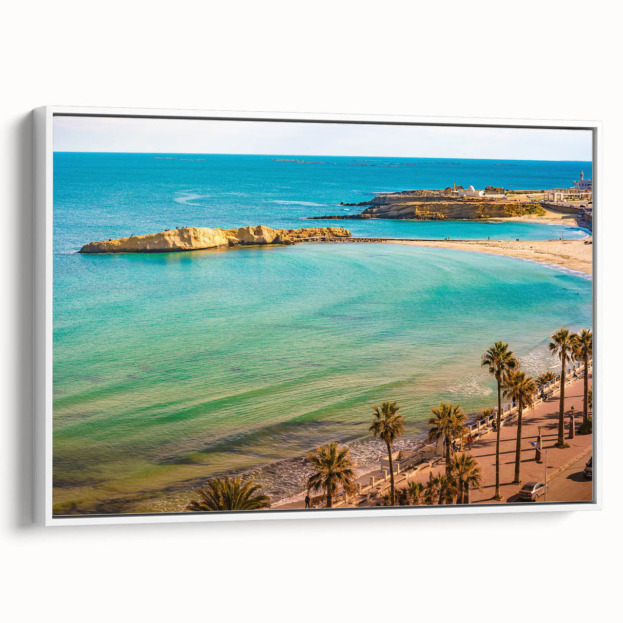 Vintage poster art of a Tunisian landscape on framed canvas, featuring vibrant colors on a black background.