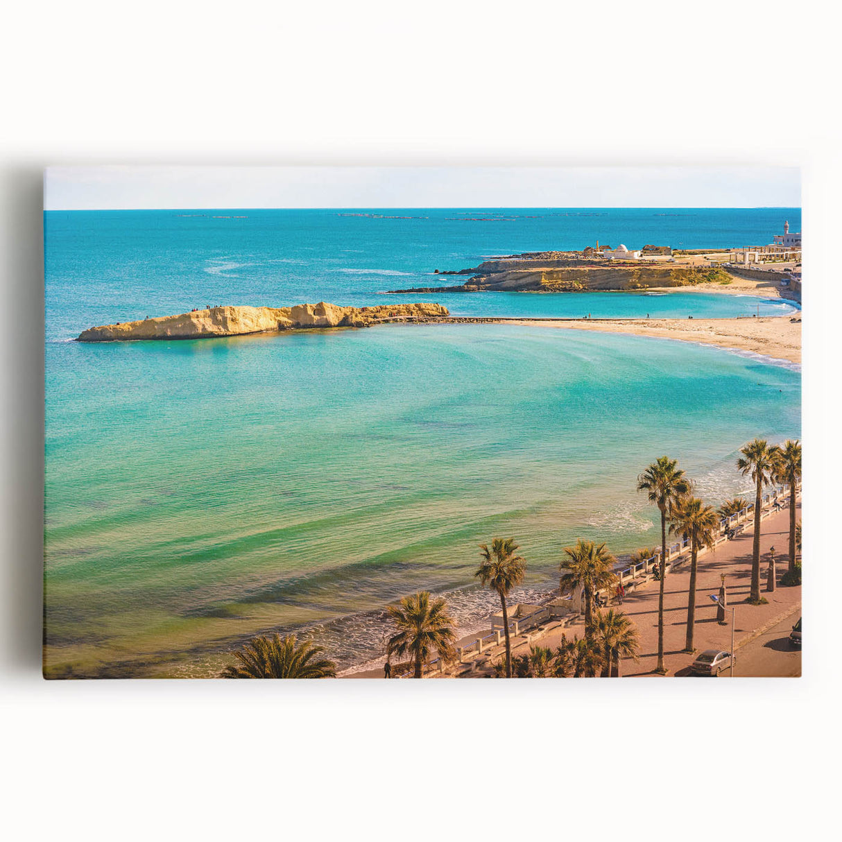 Black and white stretched canvas of a Tunisian landscape, ideal for kitchen wall art.