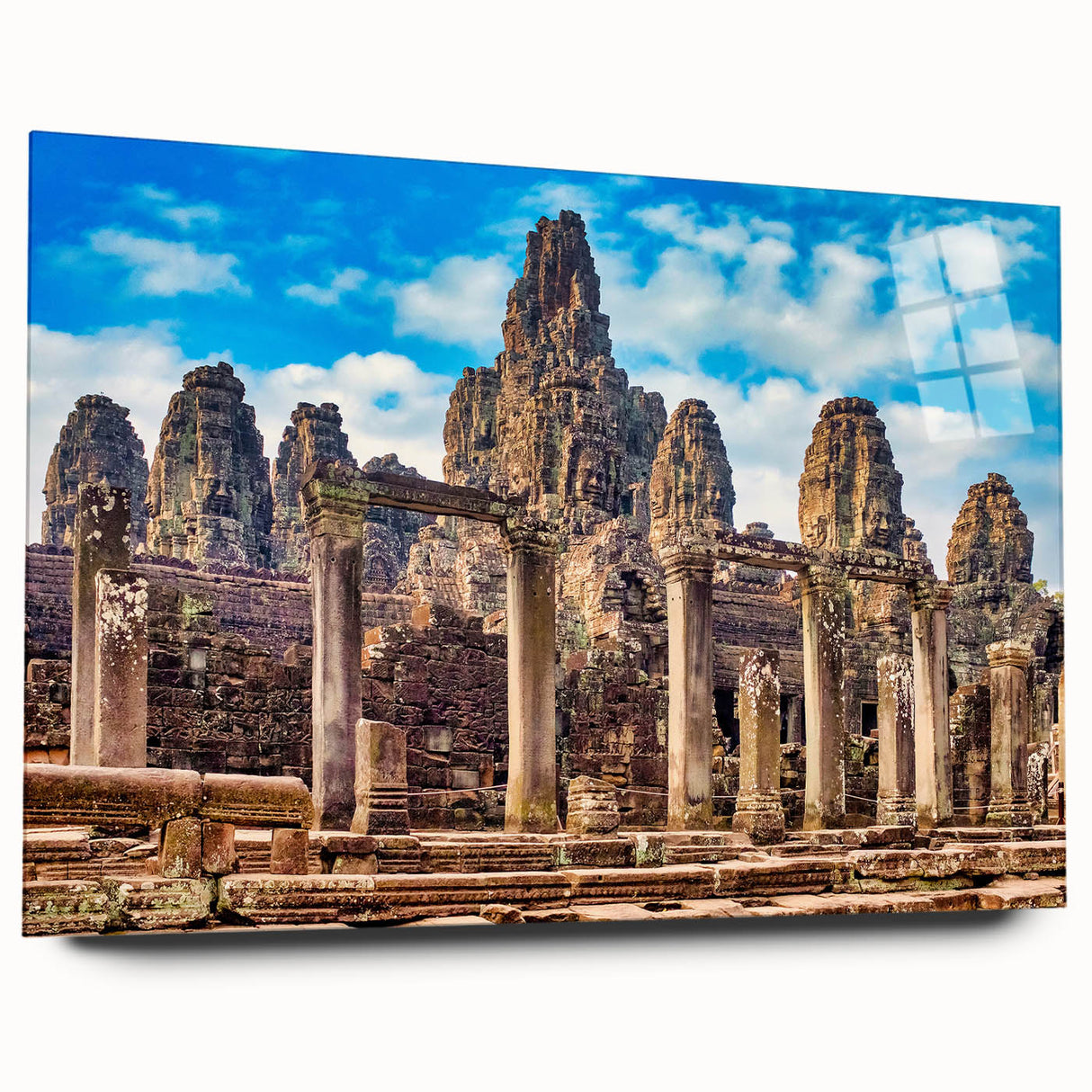 Large abstract wall art of a Cambodian scenery in vibrant colors on acrylic glass, ideal for bedroom or dining room decor.