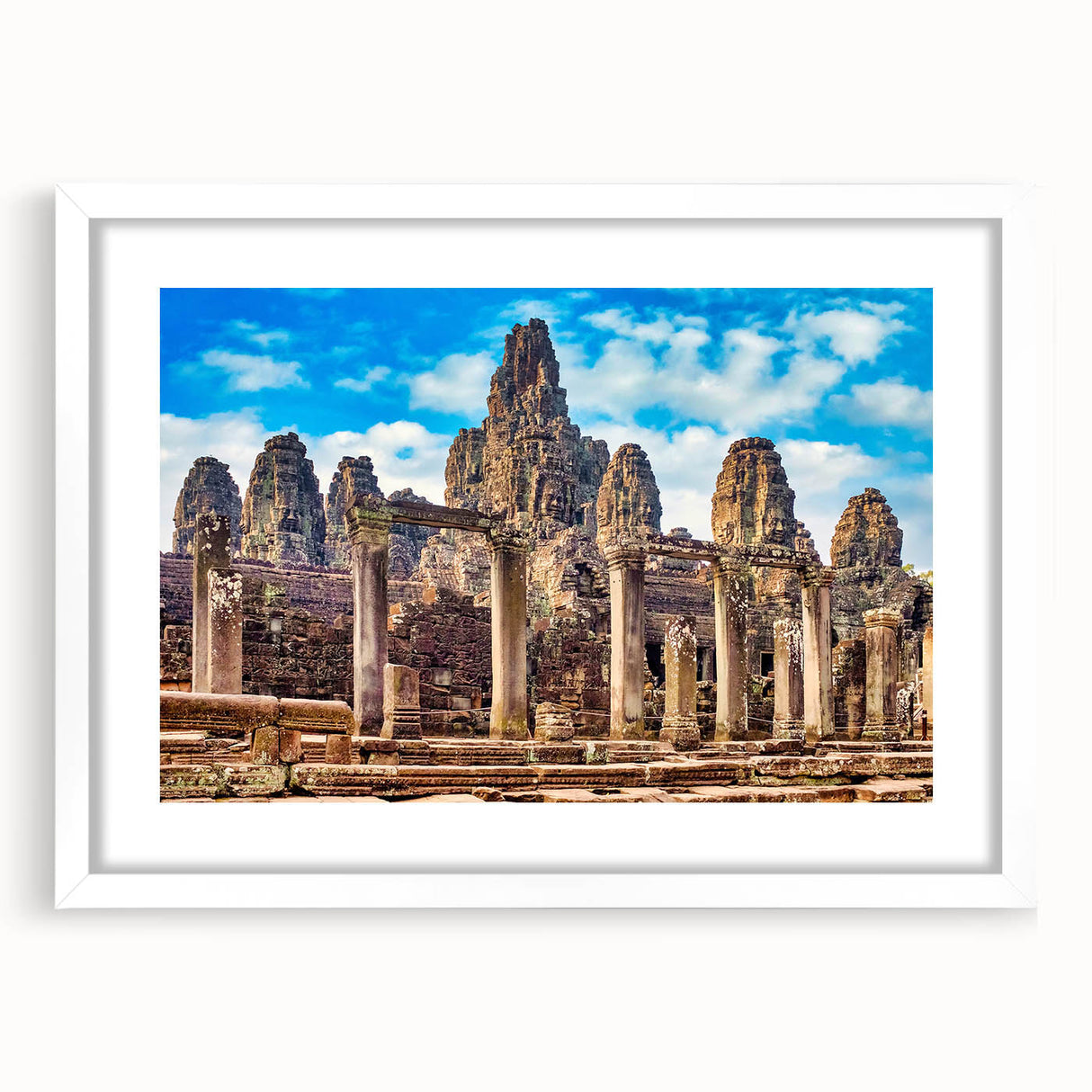 Abstract art print of a Cambodian landscape in muted earth tones, framed with a white mat, ideal for dining room decor.