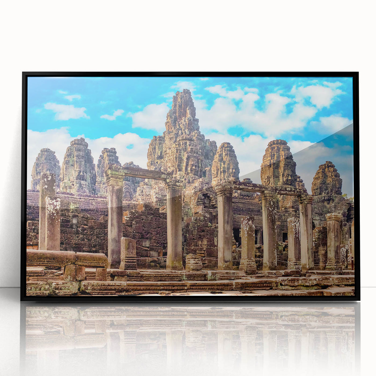 Large abstract wall art depicting a Cambodian scenery, in muted earth tones on a framed acrylic, suitable for modern decor.