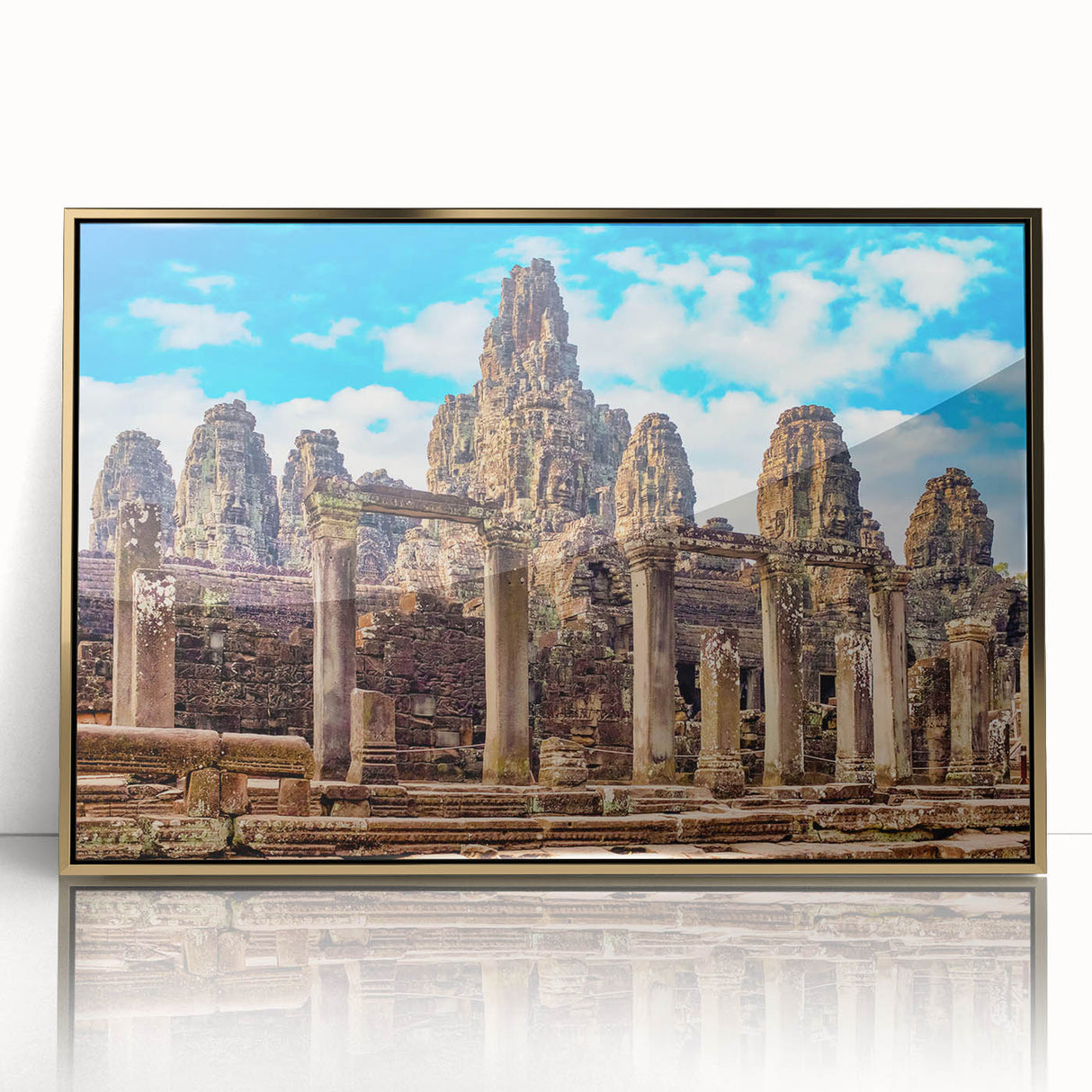 Framed acrylic print of a Cambodian landscape in gold and green tones, ideal for modern art wall decor.