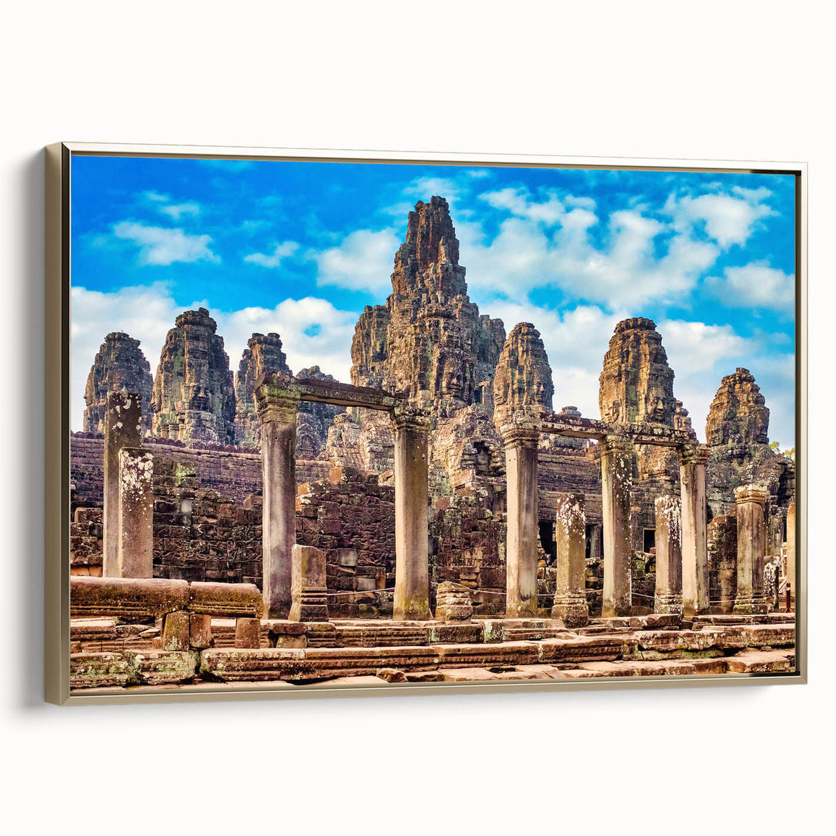 Framed canvas featuring a vintage-style landscape painting of a Cambodian scenery in gold and black tones.
