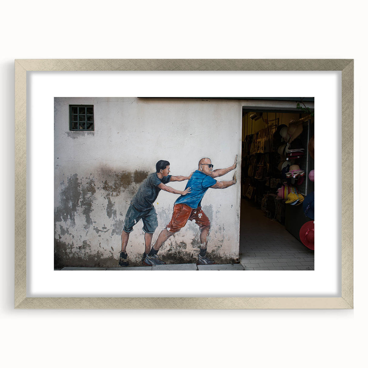 Textured abstract art print depicting a serene Malaysian landscape in cool blue and green tones, framed in silver.