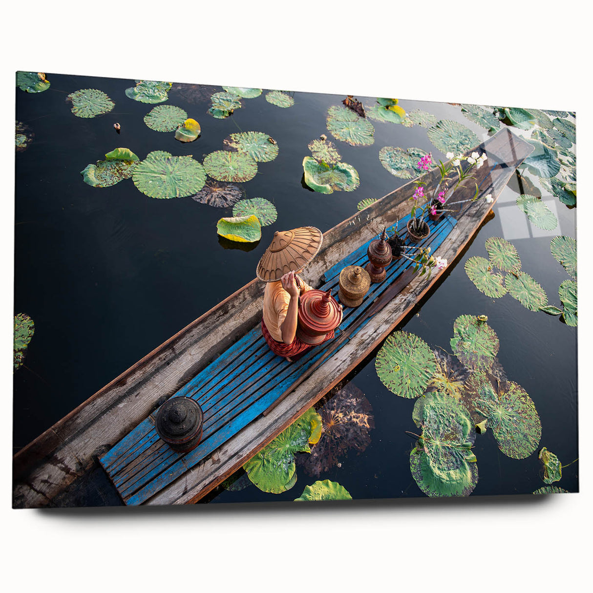 Large abstract acrylic print of a Myanmar landscape in earth tones, suitable for bedroom or dining room decor.